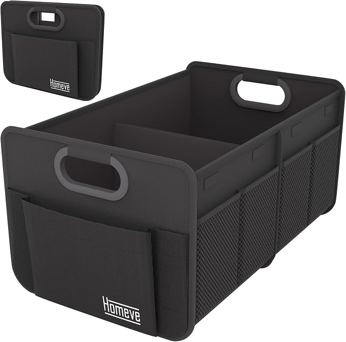 Homeve Car Trunk Organizer for SUV, Small Compact Size No-Sag Heavy Duty, 7 Pockets Foldable Waterproof Anti-Slip Storage, Fit Sedan, Truck, Front Seat, Universal Car Accessories, Black, 2 Compart
