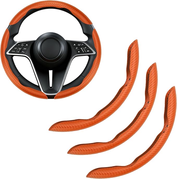 Carbon Fiber Steering Wheel Cover, 3-Piece Set Anti-Skid Comfortable Grip Segmented Butterfly Design, Easy Snap-On Installation Universal Fit 99% Cars, Orange