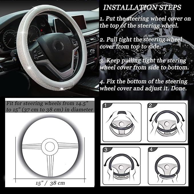 New Diamond Leather Steering Wheel Cover with Bling Bling Crystal Rhinestones, Universal Fit 15 Inch Car Wheel Protector for Women Girls Silver