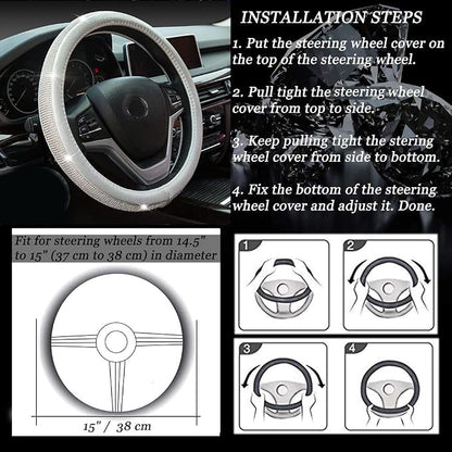 New Diamond Leather Steering Wheel Cover with Bling Bling Crystal Rhinestones, Universal Fit 15 Inch Car Wheel Protector for Women Girls Silver