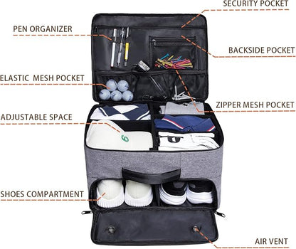 Golf Trunk Organizer 2 Layer, Car Golf Organizer with Ventilated Compartment for 2 Pair Shoes, Golf Trunk Storage Locker for Golf Accessories, Balls, Tees, Clothes, Gloves, Golf Gifts for Men