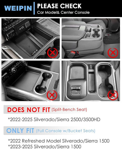 for 6PCS Refreshed Models 2022-2026 Silverado/Sierra 1500 & 2024-2026 Sierra 2500 3500 Console Liners-[3D High-Edge Liquid Silicone] Cup Holder Mats,Full Console w/Bucket Seats ONLY - Black