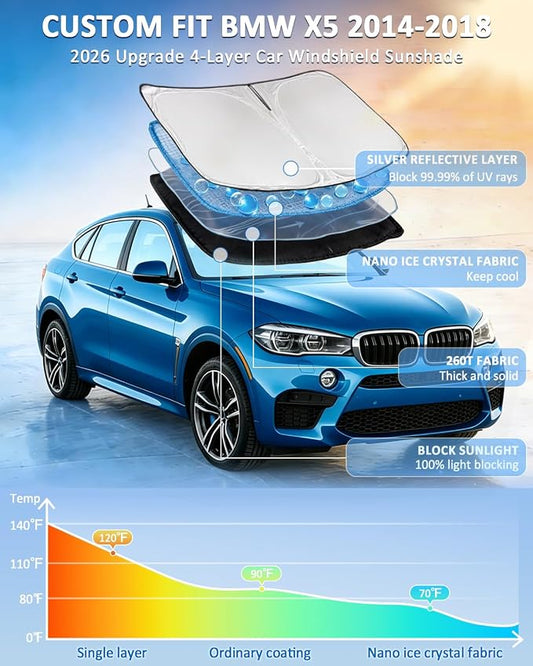 for BMW X5 2014-2018 Windshield Sun Shade - 4 Layers Car Sunshades for Front Windows Shade Cover Custom Fit X5 Sun Visor 250T Retractable Shade Blocks UV Rays Car Accessories