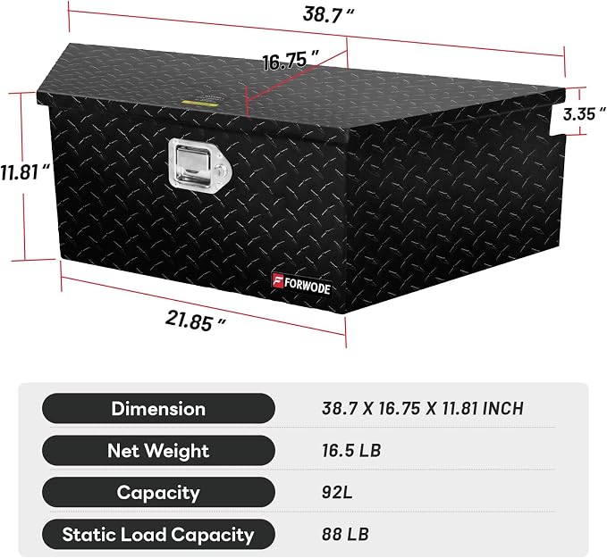 FORWODE Trailer Tongue Box 39 Inch Aluminum Tongue Tool Box Lockable Trailer Tool Chest with Gas Strut, Secure Diamond Plate Truck Tongue Tool Box for Trailer, Truck Bed, Pickup & RV Storage (Black)