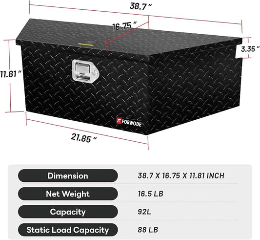 FORWODE Trailer Tongue Box 39 Inch Aluminum Tongue Tool Box Lockable Trailer Tool Chest with Gas Strut, Secure Diamond Plate Truck Tongue Tool Box for Trailer, Truck Bed, Pickup & RV Storage (Black)