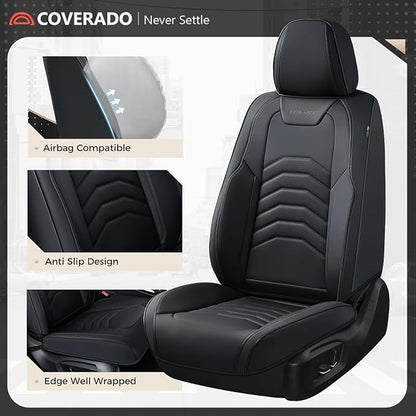 Coverado Car Seat Covers Front Seats, 2-Pack Black Seat Covers for Cars, Waterproof Leather Car Seat Covers for Cars, Car Seat Protector Car Seat Cushion Universal Fit for Most Cars Trucks SUV