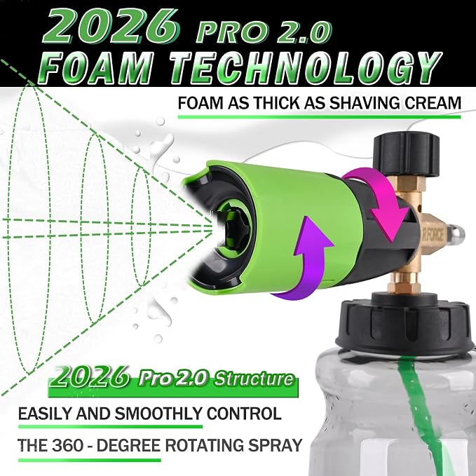 BEAR FORCE Innovative Pressure Washer Foam Cannon Pro+ (Thicker Suds, 3 Times of Life), 2026 Car Wash Snow Foam Blaster with One-Click Disassembly Technology + 1/4" Quick Plug, 34oz Bottle