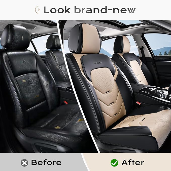 Coverado Front Seat Cover, Black&Beige Seat Cover for Cars, Waterproof Leather Car Seat Cover, Front Car Seat Protector Driver Seat Cover, Car Seat Cushion Universal Fit for Most Sedans SUV Trucks