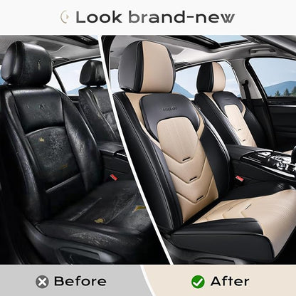 Coverado Front Seat Cover, Black&Beige Seat Cover for Cars, Waterproof Leather Car Seat Cover, Front Car Seat Protector Driver Seat Cover, Car Seat Cushion Universal Fit for Most Sedans SUV Trucks