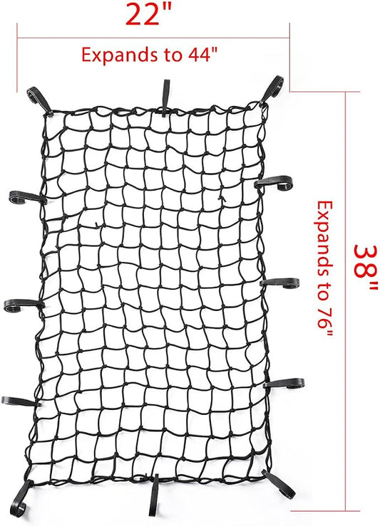 CZC AUTO 22"x38" Black Latex Bungee Cargo Net Strech to 44"x76", Luggage Netting with 2"X2" Small Mesh and 12 Adjustable Plastic Hooks for Rooftop Cargo Carrier Roof Rail Rack Hitch Basket SUV, 2 Pack
