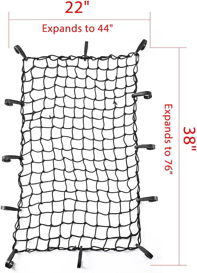 CZC AUTO 22"x38" Black Latex Bungee Cargo Net Strech to 44"x76", Luggage Netting with 2"X2" Small Mesh and 12 Adjustable Plastic Hooks for Rooftop Cargo Carrier Roof Rail Rack Hitch Basket SUV