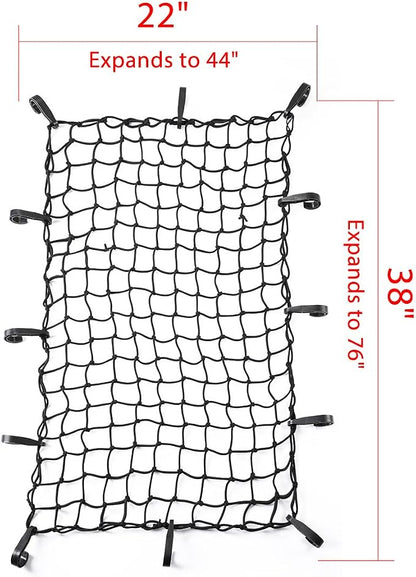 CZC AUTO 22"x38" Black Latex Bungee Cargo Net Strech to 44"x76", Luggage Netting with 2"X2" Small Mesh and 12 Adjustable Plastic Hooks for Rooftop Cargo Carrier Roof Rail Rack Hitch Basket SUV