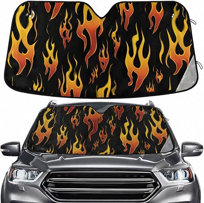 Windshield Sun Shade Yellow Orange Fire Flames Front Window Block UV Shades Visor Reflective Retractable for Car SUV Trucks