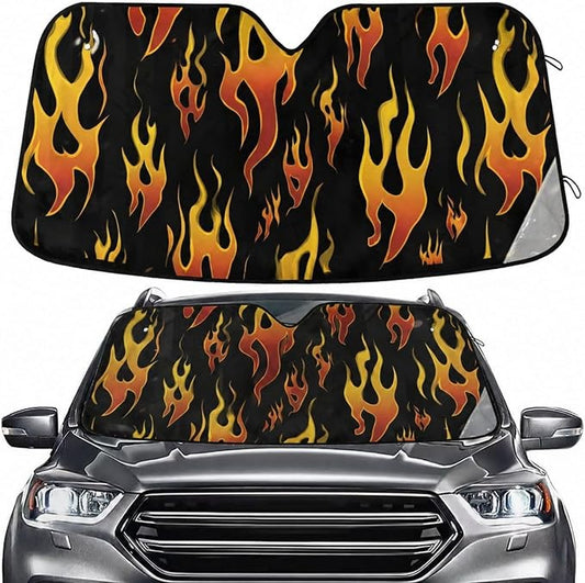 Windshield Sun Shade Yellow Orange Fire Flames Front Window Block UV Shades Visor Reflective Retractable for Car SUV Trucks