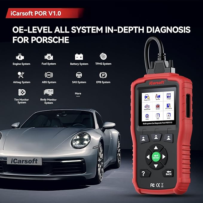 iCarsoft OBD2 Scanner POR V1.0 for Porsche/Cayenne/Macan/911, All System Diagnostic Tool Oil/SAS Reset Battery Test 10 OBD2/EOBD Modes CAN Car Scan Code Reader/DTC/Live Data/Freeze Frame