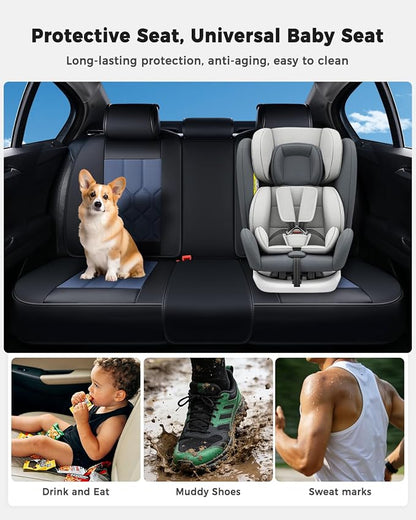 Huidasource Seat Covers Full Set, Universal Fit for Most Cars SUVs Trucks, Full Coverage Leather Seat Cover, Airbag, Cupholder Compatible, Seat Function Retain, Easy Install with Velcro, Black&Blue