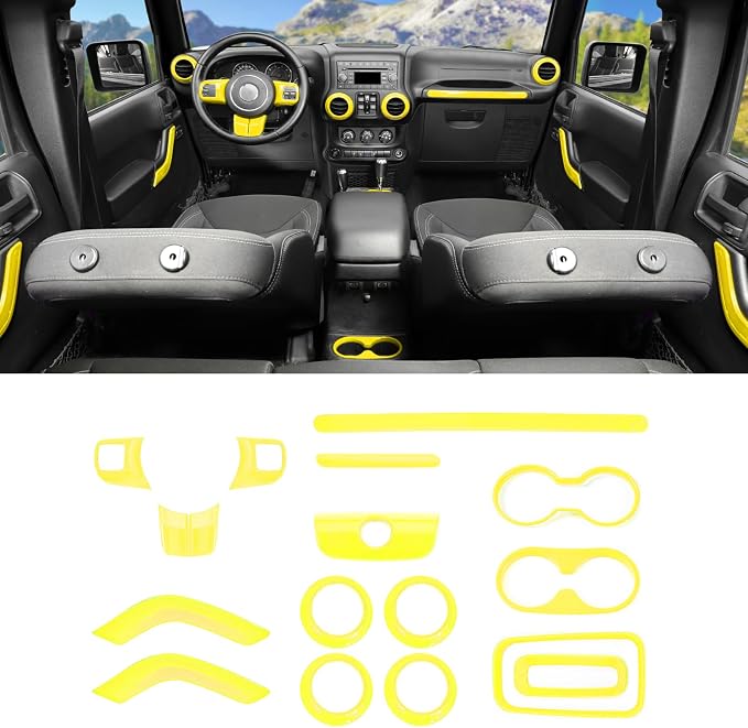 16PCS Full Set Interior Trim Kit for Jeep Wrangler JK JKU 2011-2018 4 Door,Center Console Door Handle Side Outlet Cup Holder Gear Cover Trim (Yellow)