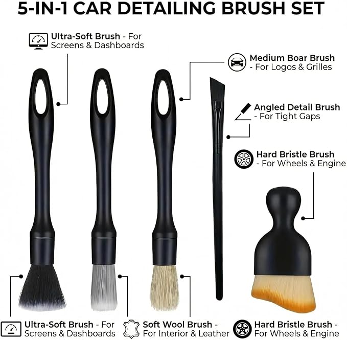 5 PCS Car Detailing Brush Set, Ultra-Soft Boar Hair Brushes for Interior & Exterior Cleaning, Multi-Use Duster for Air Vents, Wheels & Leather, Professional Car Wash Supplies