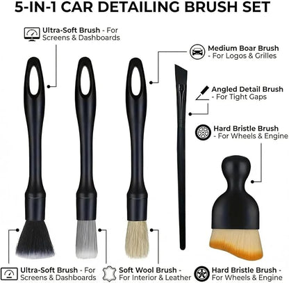 5 PCS Car Detailing Brush Set, Ultra-Soft Boar Hair Brushes for Interior & Exterior Cleaning, Multi-Use Duster for Air Vents, Wheels & Leather, Professional Car Wash Supplies