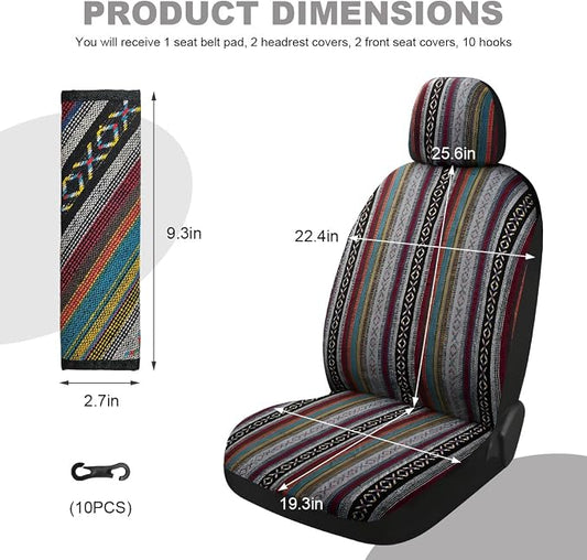5 PCS Baja Saddle Blanket Car Seat Covers, Front Set Breathable Striped Woven Auto Seat Protector, Hippie Boho Airbag Compatible Seats Covers for Most Cars, SUVs, Trucks