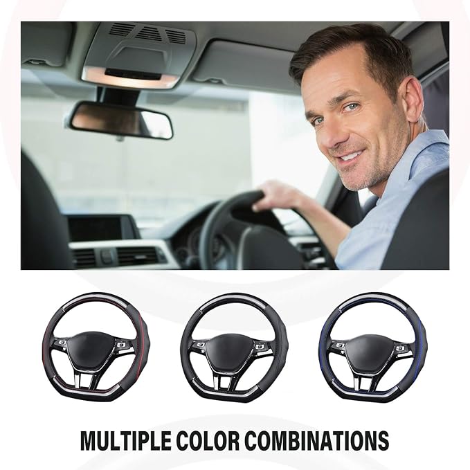 Ergocar Car Steering Wheel Cover Non-Slip Car Steering Wheel Protector Sport D-Shape Carbon Fiber & First Layer Cowhide Universal for Diameter 38cm(15") (D-Black)