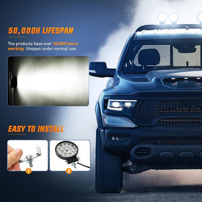 Nilight LED Pods 2Pcs 4.5Inch 42W 4200LM Round Flood Light Off Road Fog Lights Driving Roof LED Light Bar Work Light for ATV UTV SUV Truck Boat (15017C-B)