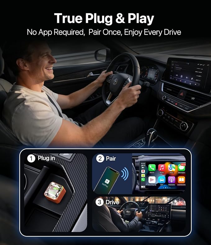 Wireless CarPlay Adapter for iPhone, Premium Glass Finish Design, 5s Auto-Connect, Mini Wireless CarPlay Dongle Compatible with Apple CarPlay, Plug & Play for Factory Wired Cars, Low Latency, Orange