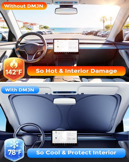 DMJN Front Windshield Sun Shade for Che-vrolet/Chevy Silverado(2019-2026),[Nano Ice-Crystal Coatings] UPF50+ Heat & UV Block, Protect Car Interior & Keep Cool, Flodable Steel-Ring Car Cover for Summer