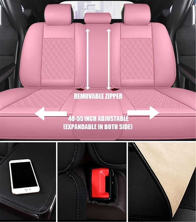 SanQing Car Seat Covers Full Set, Super Luxurious Heavy Duty Waterproof Leather Automotive Vehicle Cover for Cars SUV Pick-up Truck, Universal Non-Slip Seat Car Accessories (Full Set/Pink)