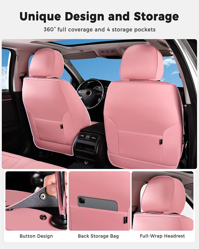 Huidasource Front Seat Covers, Universal Fit for Most Cars SUV Trucks, Full Coverage Leather Seat Cover, Airbag Compatble, Seat Function Retain, Storage Pocket Design, Easy to Install, Pink