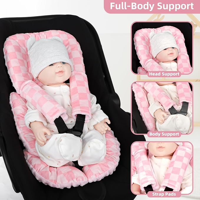 Infant Car Seat Insert Cushion, Baby Car Seat Head Body Support for Girls & Boys, Reversible Newborn Car Seat Insert with 2 Extra Strap Paddings, Premature Car Seat Cushion, Pink Checkerboard