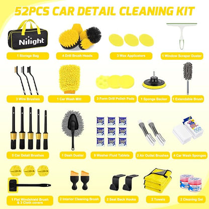 Nilight 52PCS Car Detailing Kit Auto Cleaning Tools Wash Set with Storage Carry Bag Home Use for Interior Exterior Deep Clean Polish Car Care Windshield Dashboard Seat Air Vents Wheels Tires, Yellow