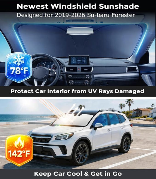 DMJN Front Windshield Sun Shade for Su-baru Forester (2019-2026), [Nano Ice-Crystal Coatings] UPF50+ Heat & UV Block, Protect Car Interior & Keep Cool, Flodable Steel-Ring Car Cover for Summer