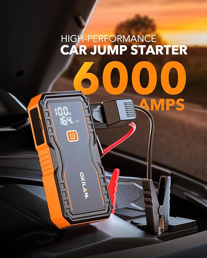 OXILAM Jump Starter 6000A for All Gas/12L Diesel, Car Battery Jumper Starter Portable, 12V Lithium Jump Box with Jumper Cables, LED Display, LED Light, Power Bank with USB, Type C Port