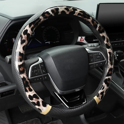 KAFEEK Dark Brown Leopard Steering Wheel Cover, 15 inch Carbon Fiber Texture, Glossy Cheetah Pattern, Non-Slip Microfiber Leather, Universal Fit for SUV Sedan