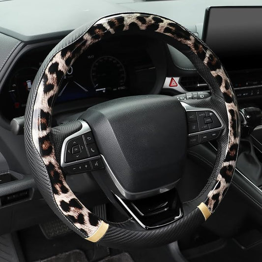 KAFEEK Dark Brown Leopard Steering Wheel Cover, 15 inch Carbon Fiber Texture, Glossy Cheetah Pattern, Non-Slip Microfiber Leather, Universal Fit for SUV Sedan