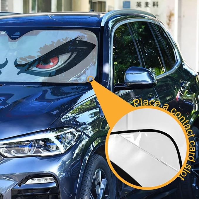 Windshield Sun Shade Cartoon Angry Red Eyes Front Window Block UV Shades Visor Reflective Retractable for Car SUV Trucks
