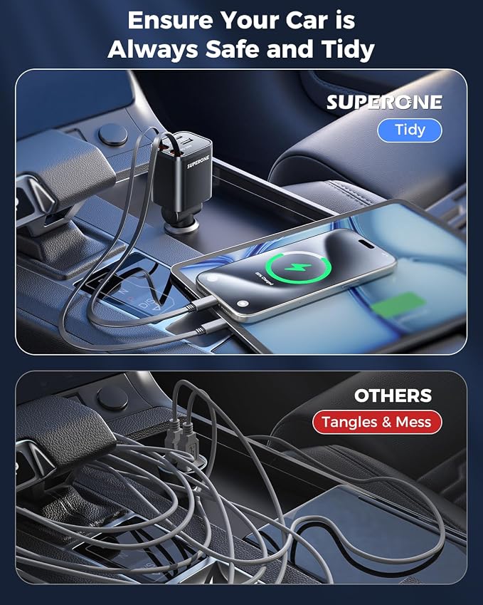 Retractable USB C Car Charger, Phone 16 Car Charger Fast Charging with Dual Type C Cable, Car Accessories Small USBC Car Adapter