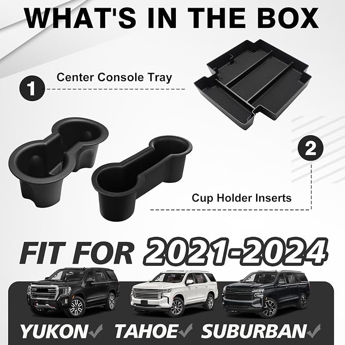Muslogy Center Console Organizer & Cup Holder Inserts Compatible with 2021-2025 2026 GMC Yukon Chevy Tahoe Suburban Accessories Front & Rear Drink Holder & Armrest Storage Box(Power Sliding Console)