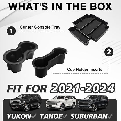 Muslogy Center Console Organizer & Cup Holder Inserts Compatible with 2021-2025 2026 GMC Yukon Chevy Tahoe Suburban Accessories Front & Rear Drink Holder & Armrest Storage Box(Power Sliding Console)