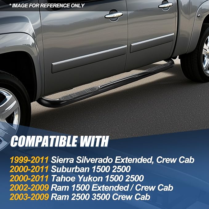 Auto Dynasty Running Boards Retractable and Adjustable Design, Compatible with 1999-2011 Silverado Sierra Suburban Tahoe Dodge Ram Yukon XL Extended Crew Cab, Mild Steel Tubular Side Steps, Black