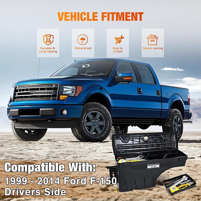 Nilight Truck Bed Tool Box Left Drivers Side Truck Tool Box Fit for Ford F-150 1999-2014 ABS Swing Case Truck Bed Storage Box with Lockable Lid Waterproof Wheel Well Toolbox Black