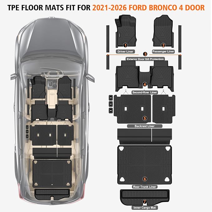All Weather Car Floor Mats Cargo Liner with Backrest Mat for Ford Bronco 4 Door 2025 2024-2021(Not for Bronco Sport), TPE Rubber Liners Full Set Automotive Mats for 2025 Bronco Accessories
