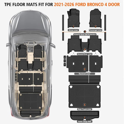 All Weather Car Floor Mats Cargo Liner with Backrest Mat for Ford Bronco 4 Door 2025 2024-2021(Not for Bronco Sport), TPE Rubber Liners Full Set Automotive Mats for 2025 Bronco Accessories