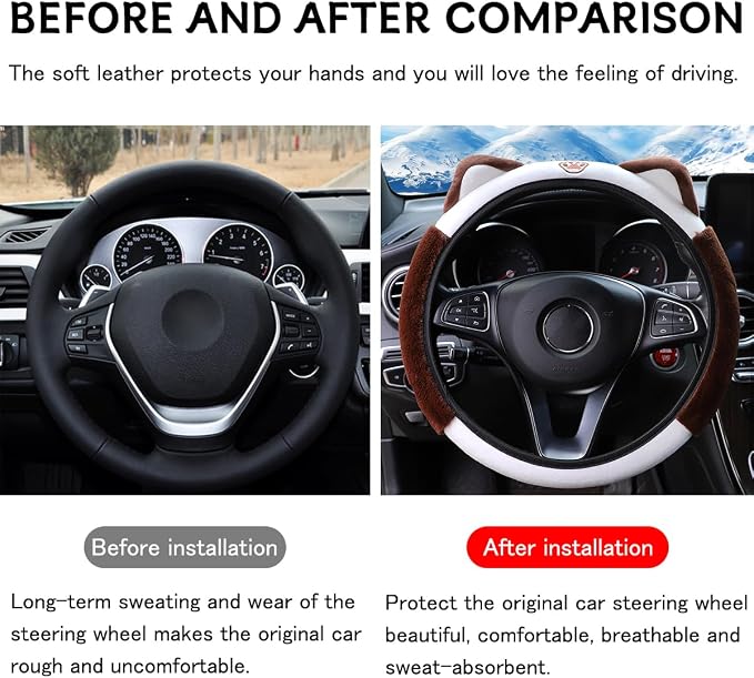 Bittwee Car Steering Wheel Cover, Fluffy Soft Plush for Winter Warm, Cute Steering Wheel Protector with Kitty Cat Ears, Universal 15 Inch, Elastic & Anti-Slip, Lovely Decor Car Accessories (Coffee)