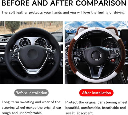 Bittwee Car Steering Wheel Cover, Fluffy Soft Plush for Winter Warm, Cute Steering Wheel Protector with Kitty Cat Ears, Universal 15 Inch, Elastic & Anti-Slip, Lovely Decor Car Accessories (Coffee)