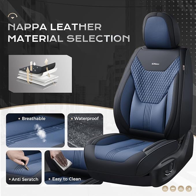 Coverado Car Seat Covers Full Set, Front Seat Covers with Lumbar Support and Back Seat Cover Waterproof Leather Automotive Seat Cover, Universal Car Interior Protectors Cushion for Most Cars