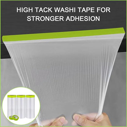 Pre-Taped Masking Film-55inx65ft Tape and Drape Painters Paper Rolls, Plastic Painting Film for Automotive Painting Covering （Masking Film:3rolls,Tape:2rolls）
