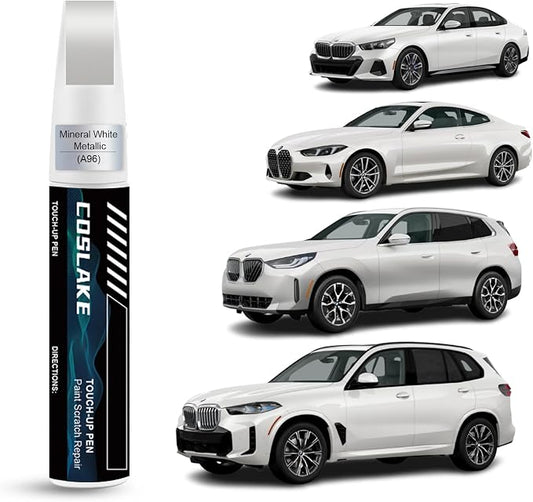 Car Touch Up Paint(Mineral White Metallic(A96)) for BMW, Car Paint Scratch Repair Kit, Quick & Easy Solution to Repair, 2 in 1 Scratch Remover Pen with Color-Matched