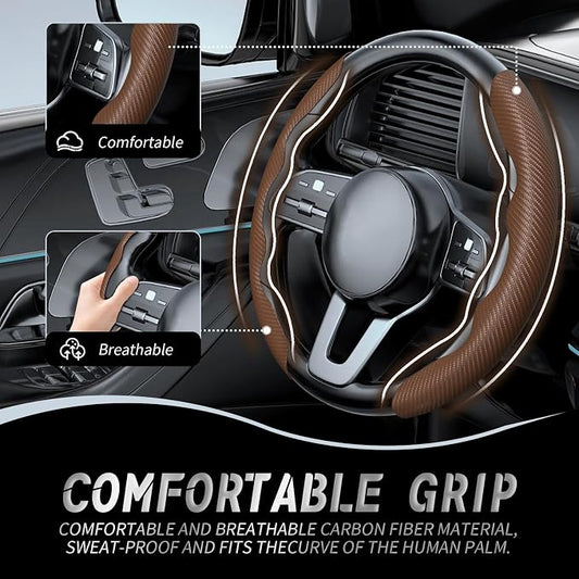 WOCOCN 2pcs Car Steering Wheel Cover,Anti-Skid Carbon Fiber Steering Wheel Protector for Men Women,Multiple Color Options,Universal for Most Car Interiors Accessories (Brown)